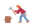 Lumberjack or woodsman chops trunk into logs, flat vector illustration isolated.