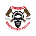 Lumberjack. Woodworkers festival. Emblem template with skull and hatchets. Royalty Free Stock Photo