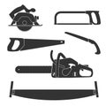 Lumberjack and woodworking tools icons isolated on white background. Axeman instruments saw set. Carpentry tools for