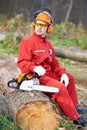 Lumberjack Worker With Chainsaw In The Forest Royalty Free Stock Photo