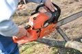 Lumberjack working with chainsaw, cutting wood Royalty Free Stock Photo