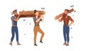Lumberjacks carrying log set. Logging industry worker characters. Timberwood job cartoon vector illustration