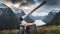 A lumberjacks classic axe stuck in a stump against the backdrop of the beautiful nature landscape