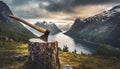 A lumberjacks classic axe stuck in a stump against the backdrop of the beautiful nature landscape