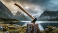 A lumberjacks classic axe stuck in a stump against the backdrop of the beautiful nature landscape
