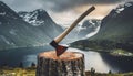 A lumberjacks classic axe stuck in a stump against the backdrop of the beautiful nature landscape