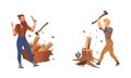 Lumberjacks cutting trees with axe set. Logging industry workers in plaid shirts cartoon vector illustration