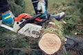 Lumberman with chainsaw cutting wood Royalty Free Stock Photo