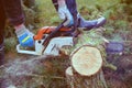 Lumberman with chainsaw cutting wood Royalty Free Stock Photo