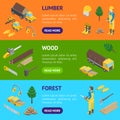 Lumberman Woodcutter Banner Horizontal Set Isometric View. Vector