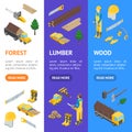 Lumberman Woodcutter Signs 3d Banner Vecrtical Set Isometric View. Vector Royalty Free Stock Photo