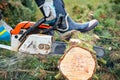 Lumberman with chainsaw cutting wood Royalty Free Stock Photo