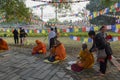 Monks praying at Maya Devi temple birth place of Buddha in Lumbini on Nepal