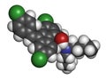 Lumefantrine benflumetol antimalarial drug molecule. Atoms are represented as spheres with conventional color coding: hydrogen