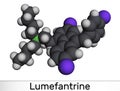 Lumefantrine, benflumetol molecule. It is used for the treatment of malaria. Molecular model. 3D rendering