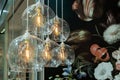 Luminaires with transparent shades and dark glass light bulbs