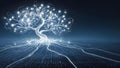 Luminescent Data Tree with Glowing Nodes and Ethereal Threads on Dark Blue Background