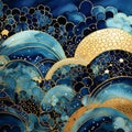 Luminescent Gold And Blue Clouds: Neo-traditional Japanese Art Piece