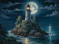 Luminescent Guardian: Moonlit Lighthouse Royalty Free Stock Photo
