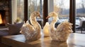 Luminescent Light: Pair Of Natural Cream Swans On A Textured Table