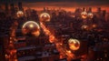 Luminiscent spheres float above the city streets photo realistic illustration - Generative AI. Royalty Free Stock Photo