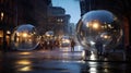 Luminiscent spheres float above the city streets photo realistic illustration - Generative AI. Royalty Free Stock Photo