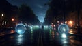 Luminiscent spheres float above the city streets photo realistic illustration - Generative AI. Royalty Free Stock Photo