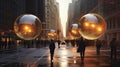 Luminiscent spheres float above the city streets photo realistic illustration - Generative AI. Royalty Free Stock Photo