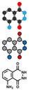 Luminol chemiluminescent molecule. Used to detect blood at crime scenes. Stylized 2D renderings and conventional skeletal formula.