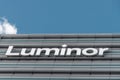 Luminor logo on Luminor head office building on 30 May 2021 in Vilnius, Lithuania. Luminor Bank AS is bank headquartered Royalty Free Stock Photo