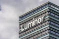 Luminor logo on Luminor head office building on 30 May 2021 in Vilnius, Lithuania. Luminor Bank AS is bank headquartered Royalty Free Stock Photo