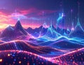 Luminous abstract landscape with digital mountains and glowing lines at twilight Royalty Free Stock Photo