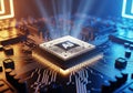 Close-up of a Luminous AI Processor on a Circuit Board with Blue and Orange Light Rays Royalty Free Stock Photo