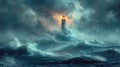 Luminous Ancient Sea Lighthouse Against Huge Waves AI Generated