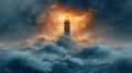 Luminous Ancient Sea Lighthouse Against Huge Waves AI Generated