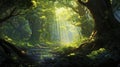 Luminous Anime Forest: A Storybook-like Bay With Sunlit Trees