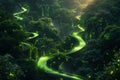 Luminous Arboreal Pathways in a Mystical Glowing Forest Village