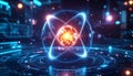 Luminous atomic structure with glowing nucleus and orbiting electrons in a digital environment Royalty Free Stock Photo