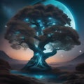 A luminous, bioluminescent tree of life growing on a moon, with cosmic creatures dwelling among its branches3