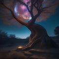 A luminous, bioluminescent tree of life growing on a moon, with cosmic creatures dwelling among its branches2