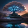 A luminous, bioluminescent tree of life growing on a moon, with cosmic creatures dwelling among its branches1