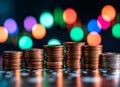 A luminous Bitcoin rests on a pile of coins, with fluctuating charts in the background, representing the volatility and
