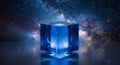 Luminous blue cube glows against the celestial backdrop of space Royalty Free Stock Photo