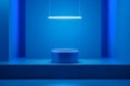 luminous blue cylindrical pedestal podium with a neon lamp hanging from above futuristic design,presentation,layout, demonstration Royalty Free Stock Photo