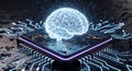 Futuristic digital brain glowing blue on a complex circuit board represents ai and advanced technology Royalty Free Stock Photo