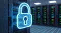 Digital padlock glowing with blue light in a server room symbolizing data security and protection Royalty Free Stock Photo