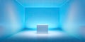 Minimalist Blue Room with Illuminated Cube Pedestal Royalty Free Stock Photo