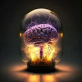 Luminous brain in glass flask, futuristic illustration of AI. Generative AI