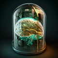 Luminous brain in glass flask, futuristic illustration of AI. Generative AI