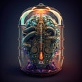 Luminous brain in glass flask, futuristic illustration of AI. Generative AI